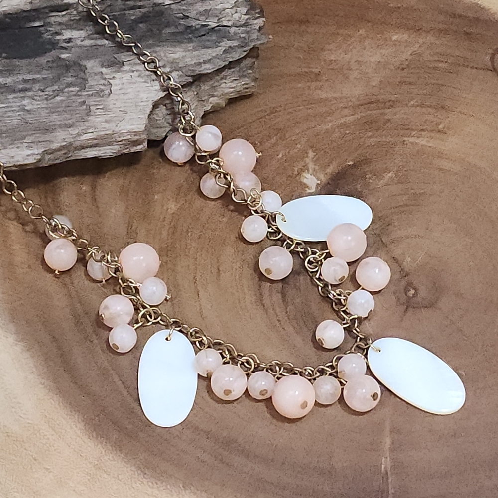 Bronze Toned Chain Necklace With Faux Rose Quartz Plastic Beads and White Shells